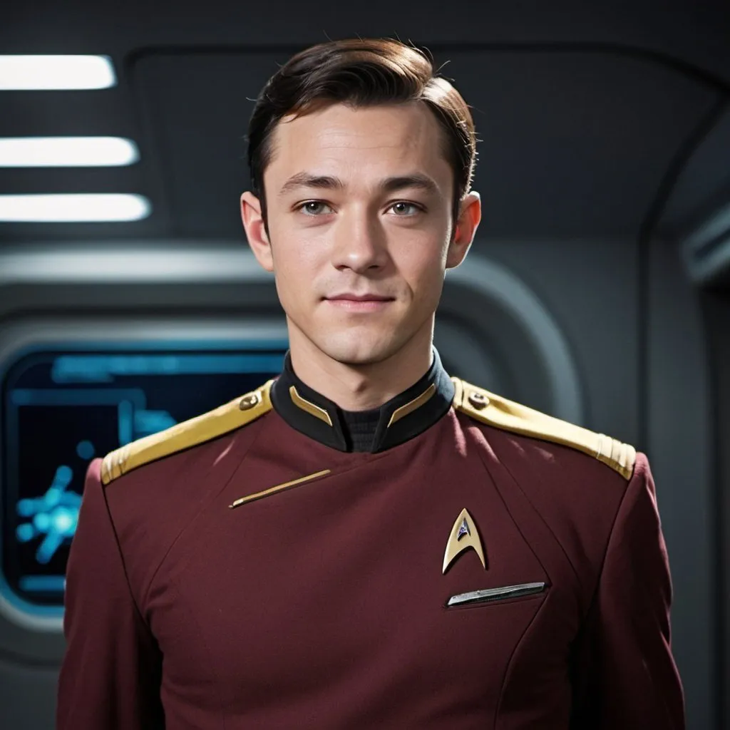 Prompt: 19 year old, Star Trek Uniform, Joseph Gordon-Levitt, Star Trek Vulcan,harness:1.4, [Vietnamese, dark skin, brown hair], full lips, skinny, Bridge Command Center Background, instagram pose, smilling, raw photo, sharp focus on eyes, film grain, magazine cover, high quality, clothing details, fine fabric, full body, art student, (official art, extremely detailed CG unity 8k wallpaper), beautifully detailed eyes, detailed fine nose, detailed fingers, (8k), (best quality), ( masterpiece:1.2), (realistic), ( photorealistic:1.57), extremely detailed handsome gentlebeing,long hair, vintage hair, couture, magazine cover, textless, high quality, clothing details, fine fabric, full body, 8k, cinematic lighting (high detailed skin:1.1) ,Enhance,Golden Inspiration