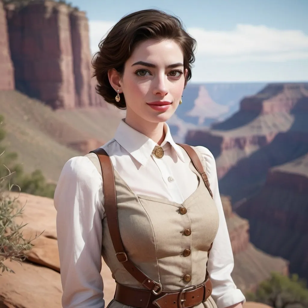 Prompt: 30 year old, Confederate Uniform, Anne Hathaway, harness:1.4, [Vietnamese, dark skin, brown hair] 1 girl, full lips, skinny, Grand Canyon Background, instagram pose, smilling, raw photo, sharp focus on eyes, film grain, magazine cover, high quality, clothing details, fine fabric, full body, art student, (official art, extremely detailed CG unity 8k wallpaper), beautifully detailed eyes, detailed fine nose, detailed fingers, (8k), (best quality), ( masterpiece:1.2), (realistic), ( photorealistic:1.57), extremely detailed handsome gentlebeing,short hair, vintage hair, couture, magazine cover, textless, high quality, clothing details, fine fabric, full body, 8k, cinematic lighting (high detailed skin:1.1) ,Enhance,Miss Grand International,Golden Inspiration