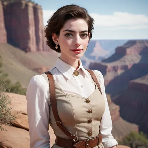 Prompt: 30 year old, Confederate Uniform, Anne Hathaway, harness:1.4, [Vietnamese, dark skin, brown hair] 1 girl, full lips, skinny, Grand Canyon Background, instagram pose, smilling, raw photo, sharp focus on eyes, film grain, magazine cover, high quality, clothing details, fine fabric, full body, art student, (official art, extremely detailed CG unity 8k wallpaper), beautifully detailed eyes, detailed fine nose, detailed fingers, (8k), (best quality), ( masterpiece:1.2), (realistic), ( photorealistic:1.57), extremely detailed handsome gentlebeing,short hair, vintage hair, couture, magazine cover, textless, high quality, clothing details, fine fabric, full body, 8k, cinematic lighting (high detailed skin:1.1) ,Enhance,Miss Grand International,Golden Inspiration