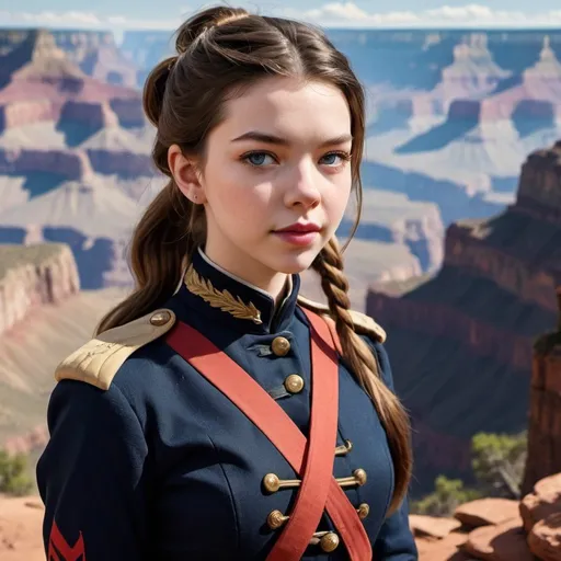 Prompt: 21 year old, american civil war union uniform, Anya Taylor-Joy, harness:1.4, [Vietnamese, fair skin, brown hair] 1 girl, full lips, skinny, Grand Canyon background, instagram pose, smilling, raw photo, sharp focus on eyes, film grain, magazine cover, high quality, pony tail, clothing details, fine fabric, full body, art student, (official art, extremely detailed CG unity 8k wallpaper), beautifully detailed eyes, detailed fine nose, detailed fingers, (8k), (best quality), ( masterpiece:1.2), (realistic), ( photorealistic:1.57), extremely detailed handsome gentlebeing,ponytail,vintage hair, couture, magazine cover, textless, high quality, clothing details, fine fabric, full body, 8k, cinematic lighting (high detailed skin:1.1) ,Enhance,Miss Grand International,Golden Inspiration