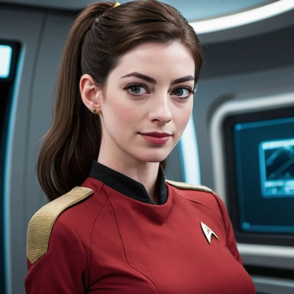 Prompt: 30 year old, Star Trek Red Uniform, Anne Hathaway, harness:1.4, [Vietnamese, fair skin, brown hair] 1 girl, full lips, skinny, Bridge Command Center Background, instagram pose, smilling, ponytail, raw photo, sharp focus on eyes, film grain, magazine cover, high quality, clothing details, fine fabric, full body, art student, (official art, extremely detailed CG unity 8k wallpaper), beautifully detailed eyes, detailed fine nose, detailed fingers, (8k), (best quality), ( masterpiece:1.2), (realistic), ( photorealistic:1.57), extremely detailed handsome gentlebeing,ponytail,vintage hair, couture, magazine cover, textless, high quality, clothing details, fine fabric, full body, 8k, cinematic lighting (high detailed skin:1.1) ,Enhance,Miss Grand International,Golden Inspiration