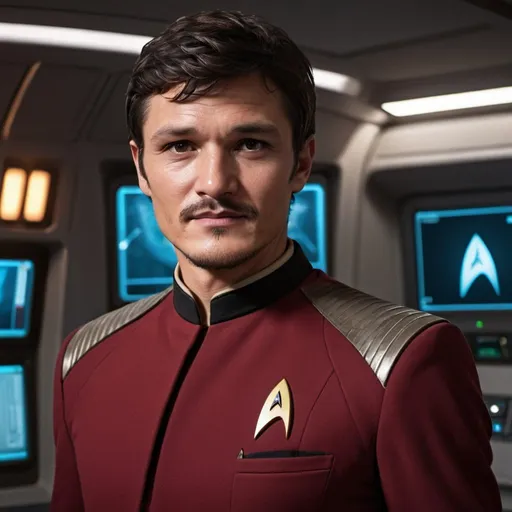 Prompt: 30 year old, Star Trek Uniform, Pedro Pascal, harness:1.4, [Vietnamese, dark skin, brown hair] 1 boy, full lips, skinny, Bridge Command Center Background, instagram pose, smiling, raw photo, sharp focus on eyes, film grain, magazine cover, high quality, clothing details, fine fabric, full body, art student, (official art, extremely detailed CG unity 8k wallpaper), beautifully detailed eyes, detailed fine nose, detailed fingers, (8k), (best quality), ( masterpiece:1.2), (realistic), ( photorealistic:1.57), extremely detailed handsome gentlebeing,short hair, vintage hair, couture, magazine cover, textless, high quality, clothing details, fine fabric, full body, 8k, cinematic lighting (high detailed skin:1.1) ,Enhance,Golden Inspiration