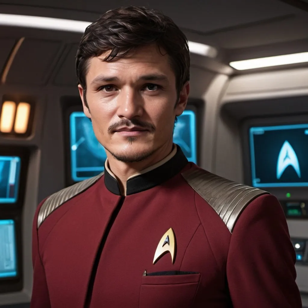 Prompt: 30 year old, Star Trek Uniform, Pedro Pascal, harness:1.4, [Vietnamese, dark skin, brown hair] 1 boy, full lips, skinny, Bridge Command Center Background, instagram pose, smiling, raw photo, sharp focus on eyes, film grain, magazine cover, high quality, clothing details, fine fabric, full body, art student, (official art, extremely detailed CG unity 8k wallpaper), beautifully detailed eyes, detailed fine nose, detailed fingers, (8k), (best quality), ( masterpiece:1.2), (realistic), ( photorealistic:1.57), extremely detailed handsome gentlebeing,short hair, vintage hair, couture, magazine cover, textless, high quality, clothing details, fine fabric, full body, 8k, cinematic lighting (high detailed skin:1.1) ,Enhance,Golden Inspiration