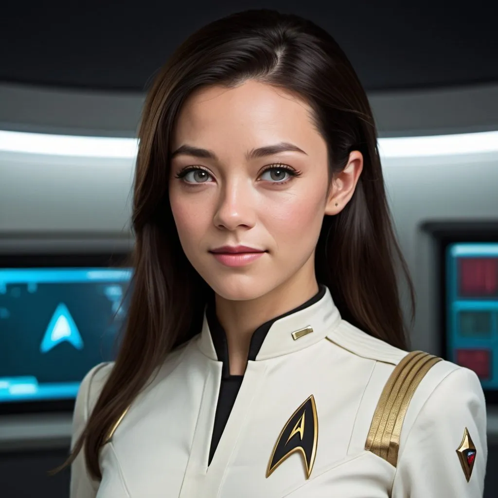 Prompt: 30 year old, Star Trek White Uniform, Joseph Gordon-Levitt, harness:1.4, [Vietnamese, dark skin, brown hair] 1 girl, full lips, skinny, Bridge Command Center Background, instagram pose, smilling, raw photo, sharp focus on eyes, film grain, magazine cover, high quality, clothing details, fine fabric, full body, art student, (official art, extremely detailed CG unity 8k wallpaper), beautifully detailed eyes, detailed fine nose, detailed fingers, (8k), (best quality), ( masterpiece:1.2), (realistic), ( photorealistic:1.57), extremely detailed handsome gentlebeing,long hair, vintage hair, couture, magazine cover, textless, high quality, clothing details, fine fabric, full body, 8k, cinematic lighting (high detailed skin:1.1) ,Enhance,Miss Grand International,Golden Inspiration