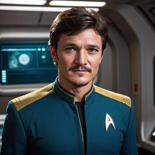 Prompt: 50 year old, Star Trek Uniform, Pedro Pascal, harness:1.4, [Vietnamese, dark skin, brown hair] 1 boy, full lips, skinny, Bridge Command Center Background, instagram pose, smiling, raw photo, sharp focus on eyes, film grain, magazine cover, high quality, clothing details, fine fabric, full body, art student, (official art, extremely detailed CG unity 8k wallpaper), beautifully detailed eyes, detailed fine nose, detailed fingers, (8k), (best quality), ( masterpiece:1.2), (realistic), ( photorealistic:1.57), extremely detailed handsome gentlebeing,short hair, vintage hair, couture, magazine cover, textless, high quality, clothing details, fine fabric, full body, 8k, cinematic lighting (high detailed skin:1.1) ,Enhance,Golden Inspiration