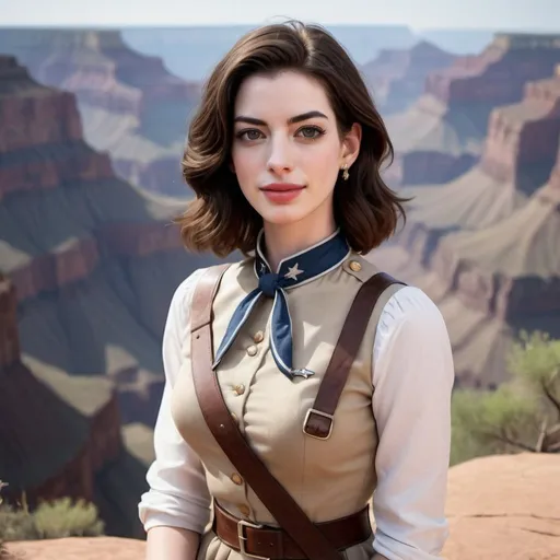 Prompt: 30 year old, Confederate Uniform, Anne Hathaway, harness:1.4, [Vietnamese, dark skin, brown hair] 1 girl, full lips, skinny, Grand Canyon Background, instagram pose, smilling, raw photo, sharp focus on eyes, film grain, magazine cover, high quality, clothing details, fine fabric, full body, art student, (official art, extremely detailed CG unity 8k wallpaper), beautifully detailed eyes, detailed fine nose, detailed fingers, (8k), (best quality), ( masterpiece:1.2), (realistic), ( photorealistic:1.57), extremely detailed handsome gentlebeing,short hair, vintage hair, couture, magazine cover, textless, high quality, clothing details, fine fabric, full body, 8k, cinematic lighting (high detailed skin:1.1) ,Enhance,Miss Grand International,Golden Inspiration