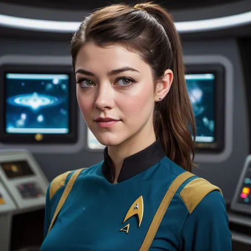 Prompt: 25 year old, Star Trek Uniform, Mary Elizabeth Winstead, ponytail, harness:1.4, 1 girl, full lips, skinny, Bridge Command Center Background, instagram pose, smiling, raw photo, sharp focus on eyes, film grain, magazine cover, high quality, clothing details, fine fabric, full body, art student, (official art, extremely detailed CG unity 8k wallpaper), beautifully detailed eyes, detailed fine nose, detailed fingers, (8k), (best quality), ( masterpiece:1.2), (realistic), ( photorealistic:1.57), extremely detailed handsome gentle being, vintage hair, couture, magazine cover, textless, high quality, clothing details, fine fabric, full body, 8k, cinematic lighting (high detailed skin:1.1) ,Enhance,Golden Inspiration