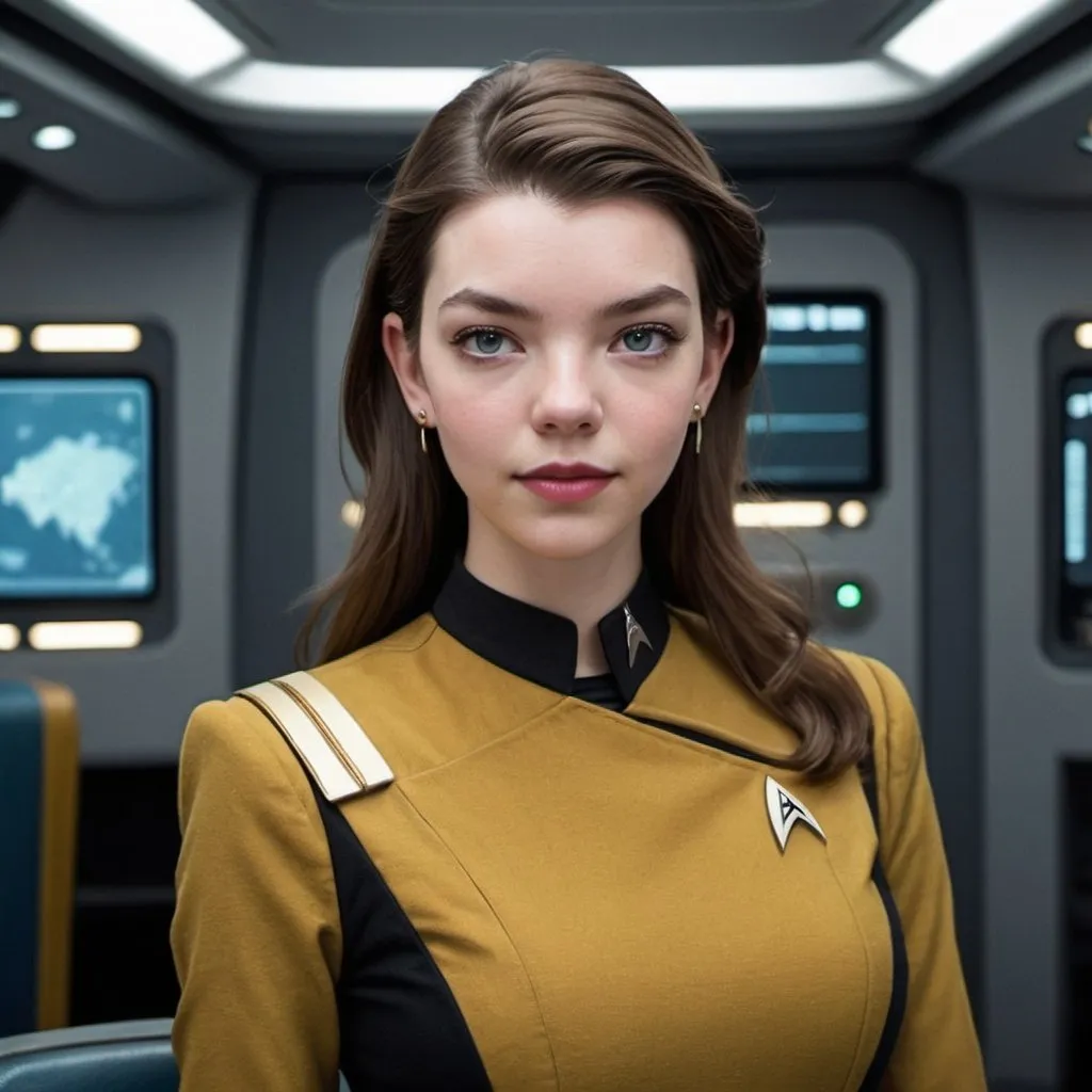 Prompt: 21 year old, Star Trek uniform, Anya Taylor-Joy, harness:1.4, [Vietnamese, fair skin, brown hair] 1 girl, full lips, skinny, bridge command centre of ship, instagram pose, smilling, raw photo, sharp focus on eyes, film grain, magazine cover, high quality, clothing details, fine fabric, full body, art student, (official art, extremely detailed CG unity 8k wallpaper), beautifully detailed eyes, detailed fine nose, detailed fingers, (8k), (best quality), ( masterpiece:1.2), (realistic), ( photorealistic:1.57), extremely detailed handsome gentlebeing ,vintage hair, couture, magazine cover, textless, high quality, clothing details, fine fabric, full body, 8k, cinematic lighting (high detailed skin:1.1) ,Enhance,Miss Grand International,Golden Inspiration