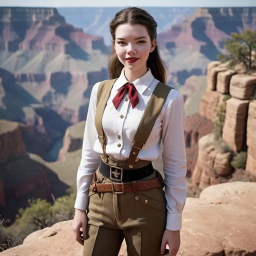 Prompt: 21 year old, Confederates uniform, Anya Taylor-Joy, harness:1.4, [Vietnamese, fair skin, brown hair] 1 girl, full lips, skinny, Grand Canyon background, instagram pose, laughing, raw photo, sharp focus on eyes, film grain, magazine cover, laughing, high quality, clothing details, fine fabric, full body, art student, (official art, extremely detailed CG unity 8k wallpaper), beautifully detailed eyes, detailed fine nose, detailed fingers, (8k), (best quality), ( masterpiece:1.2), (realistic), ( photorealistic:1.57), extremely detailed handsome gentlebeing,ponytail,vintage hair, couture, magazine cover, textless, high quality, clothing details, fine fabric, full body, 8k, cinematic lighting (high detailed skin:1.1) ,Enhance,Miss Grand International,Golden Inspiration