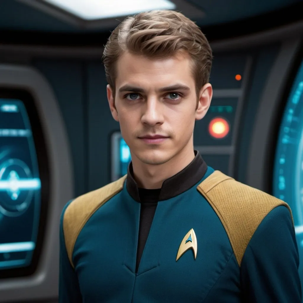 Prompt: 25 year old, Star Trek Uniform, Hayden Christensen, harness:1.4, full lips, skinny, Bridge Command Center Background, instagram pose, smiling, raw photo, sharp focus on eyes, film grain, magazine cover, high quality, clothing details, fine fabric, full body, art student, (official art, extremely detailed CG unity 8k wallpaper), beautifully detailed eyes, detailed fine nose, detailed fingers, (8k), (best quality), ( masterpiece:1.2), (realistic), ( photorealistic:1.57), extremely detailed handsome gentle being, vintage hair, couture, magazine cover, textless, high quality, clothing details, fine fabric, full body, 8k, cinematic lighting (high detailed skin:1.1) ,Enhance,Golden Inspiration