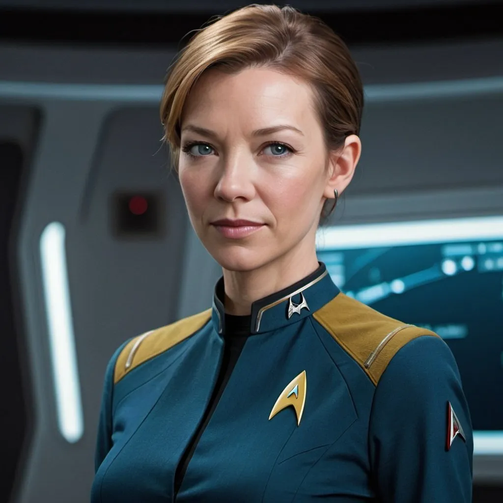 Prompt: 40 year old, Star Trek Uniform, Anna Torv, harness:1.4, [Vietnamese, dark skin, brown hair] 1 girl, full lips, skinny, Bridge Command Center Background, instagram pose, smiling, raw photo, sharp focus on eyes, film grain, magazine cover, high quality, clothing details, fine fabric, full body, art student, (official art, extremely detailed CG unity 8k wallpaper), beautifully detailed eyes, detailed fine nose, detailed fingers, (8k), (best quality), ( masterpiece:1.2), (realistic), ( photorealistic:1.57), extremely detailed handsome gentlebeing,short hair, vintage hair, couture, magazine cover, textless, high quality, clothing details, fine fabric, full body, 8k, cinematic lighting (high detailed skin:1.1) ,Enhance,Golden Inspiration