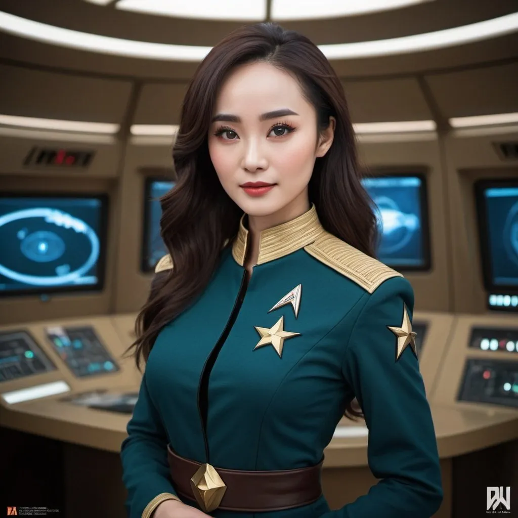 Prompt: 40 year old, Klingon Uniform, Yang Mi, Star Trek Vulcan,harness:1.4, [Vietnamese, dark skin, brown hair], full lips, skinny, Bridge Command Center Background, instagram pose, smilling, raw photo, sharp focus on eyes, film grain, magazine cover, high quality, clothing details, fine fabric, full body, art student, (official art, extremely detailed CG unity 8k wallpaper), beautifully detailed eyes, detailed fine nose, detailed fingers, (8k), (best quality), ( masterpiece:1.2), (realistic), ( photorealistic:1.57), extremely detailed handsome gentlebeing,long hair, vintage hair, couture, magazine cover, textless, high quality, clothing details, fine fabric, full body, 8k, cinematic lighting (high detailed skin:1.1) ,Enhance,Golden Inspiration