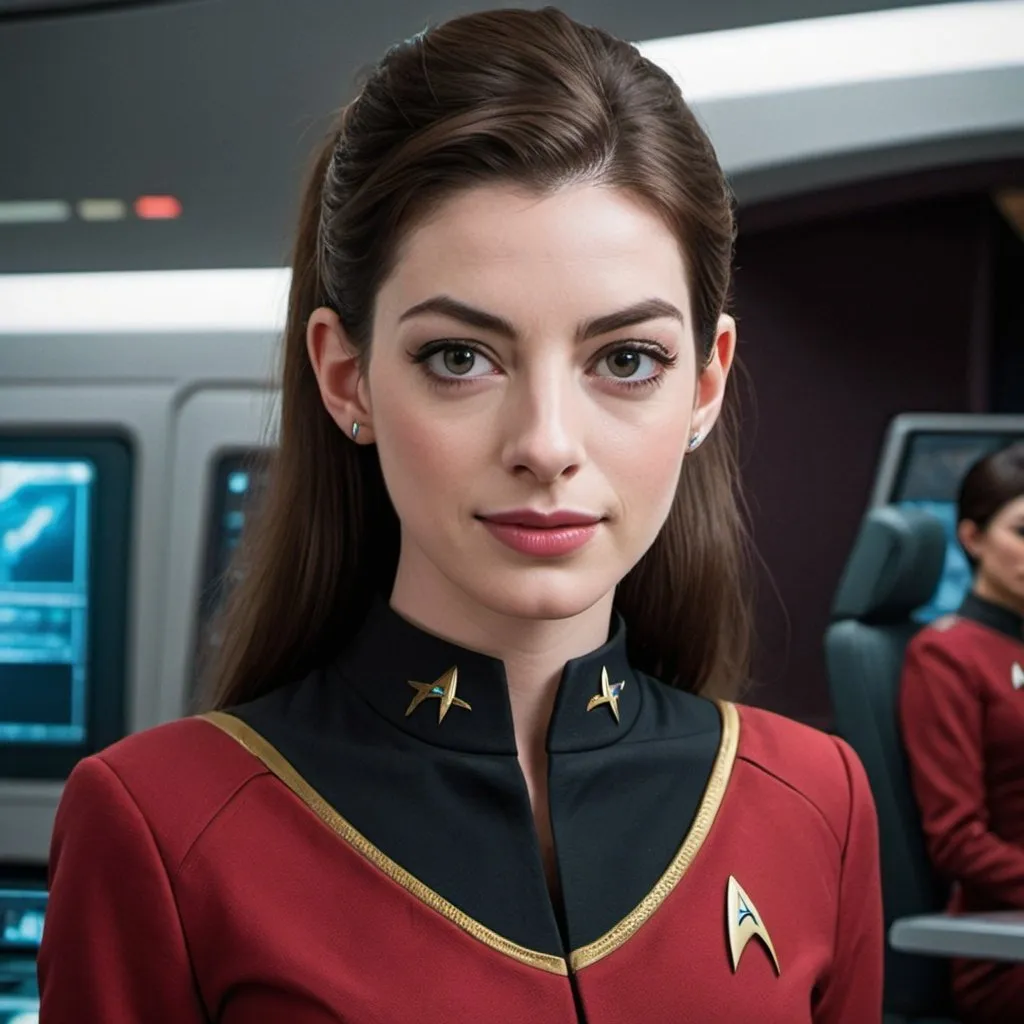 Prompt: 30 year old, Star Trek Red Uniform, Anne Hathaway, harness:1.4, [Vietnamese, fair skin, brown hair] 1 girl, full lips, skinny, Bridge Command Center Background, instagram pose, smilling, ponytail, raw photo, sharp focus on eyes, film grain, magazine cover, high quality, clothing details, fine fabric, full body, art student, (official art, extremely detailed CG unity 8k wallpaper), beautifully detailed eyes, detailed fine nose, detailed fingers, (8k), (best quality), ( masterpiece:1.2), (realistic), ( photorealistic:1.57), extremely detailed handsome gentlebeing,ponytail,vintage hair, couture, magazine cover, textless, high quality, clothing details, fine fabric, full body, 8k, cinematic lighting (high detailed skin:1.1) ,Enhance,Miss Grand International,Golden Inspiration