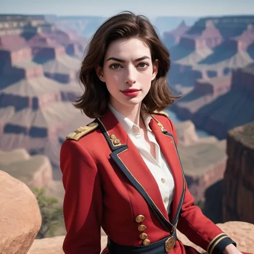 Prompt: 30 year old, Red Coats Uniform, Anne Hathaway, harness:1.4, [Vietnamese, fair skin, brown hair] 1 girl, full lips, skinny, Grand Canyon Background, instagram pose, smilling, raw photo, sharp focus on eyes, film grain, magazine cover, high quality, clothing details, fine fabric, full body, art student, (official art, extremely detailed CG unity 8k wallpaper), beautifully detailed eyes, detailed fine nose, detailed fingers, (8k), (best quality), ( masterpiece:1.2), (realistic), ( photorealistic:1.57), extremely detailed handsome gentlebeing,short hair, vintage hair, couture, magazine cover, textless, high quality, clothing details, fine fabric, full body, 8k, cinematic lighting (high detailed skin:1.1) ,Enhance,Miss Grand International,Golden Inspiration
