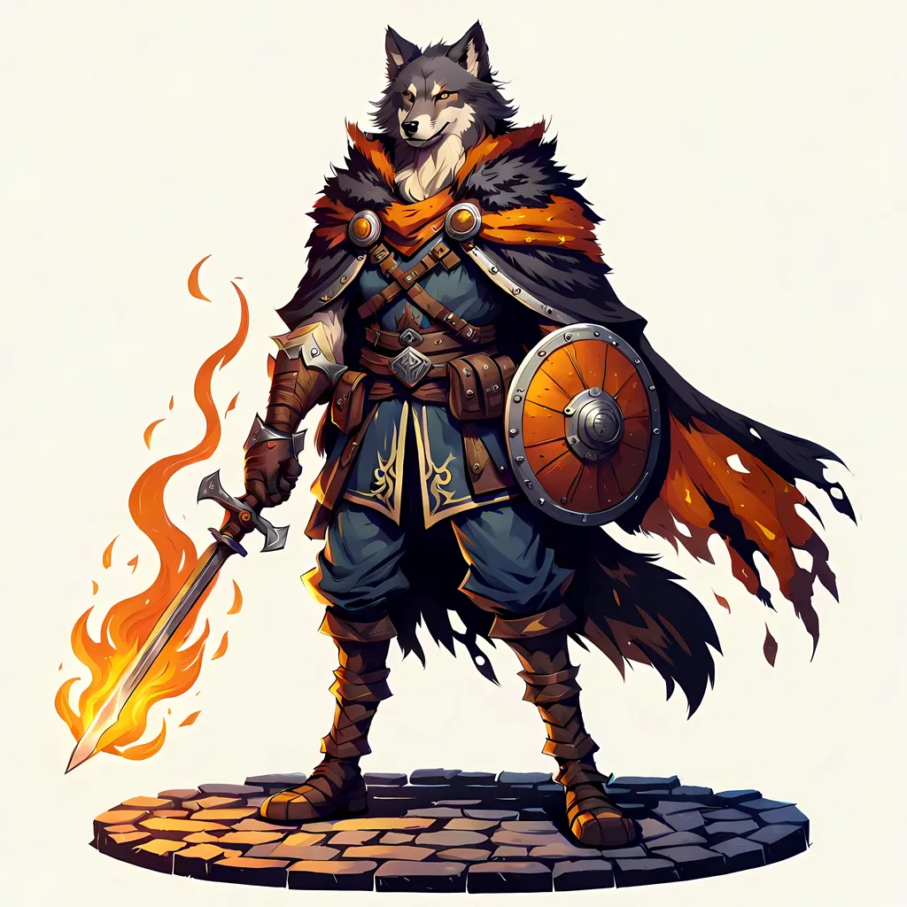 Prompt: Nikolas Dorn a male dark brown furred Dungeons and Dragons Werewolf in half-wolf form Cleric Of Light in full European plate armor Golden Yellow Flame Holding The Sun Blade longsword high res 
