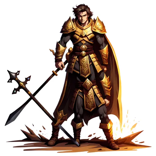 Prompt: Nikolas Dorn a male dark brown furred Dungeons and Dragons Werewolf in half-wolf form Cleric Of Light in full European plate armor Golden Yellow Flame Holding The Sun Blade longsword high res 
