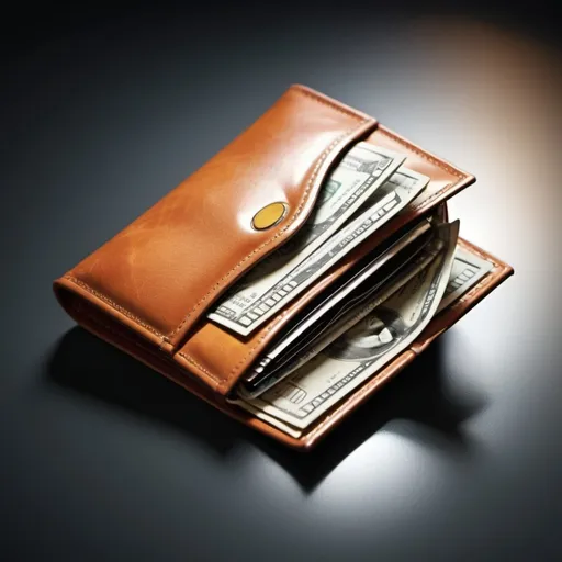 Prompt: (wallet with money), (realistic details), crisp texture, soft shadows, (high-quality illumination), vibrant colors, focusing on the richness of the bills, intricately designed wallet open to display coins and notes, luxurious appearance, reflecting light, grand atmosphere, emphasizing wealth and financial prosperity, ideal for a marketing context, ultra-detailed, 4K quality resolution.