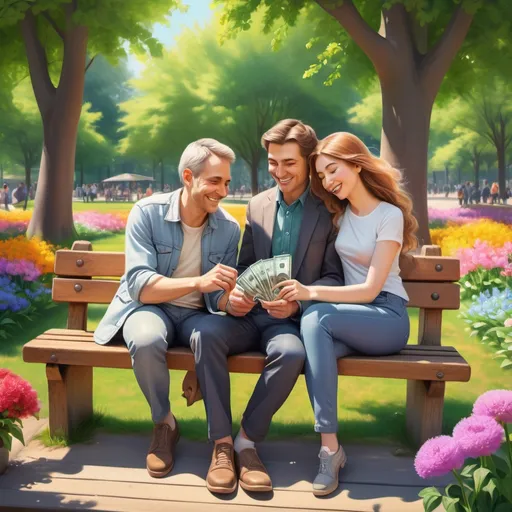 Prompt: (photorealistic), a man and a woman sitting together on a rustic wooden bench in a vibrant park, surrounded by colorful blooming flowers, both smiling and interacting warmly, the man holding a wallet filled with money, greenery in the background, bright sunny day casting soft shadows, ultra-detailed, capturing the tender moment and serene atmosphere.