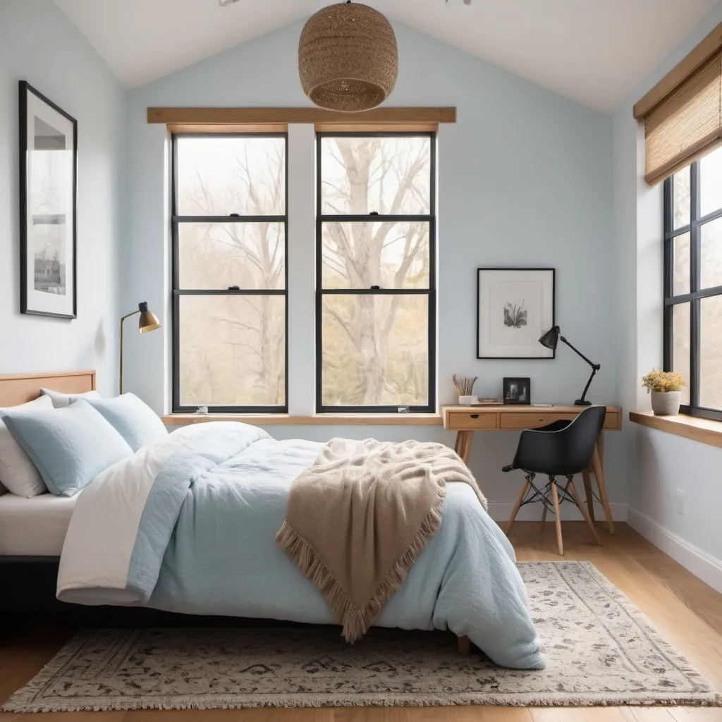 Prompt: Minimalist bedroom with pale blue bedding, honey oak hardwood floors, white walls, black and gold desk lamps, cozy cottage vibes, fluffy white shag carpet, tall thin window on right of bed, professional, detailed, highres, cozy, cottage, minimalist, warm lighting