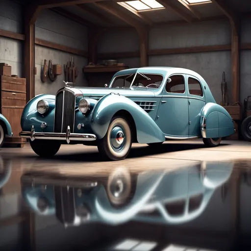 Prompt: Artistic rendition of a 1940s delage d8, detailed reflections, high quality, modern art style, cool tones, natural lighting, garage, shiny surface, nostalgic atmosphere