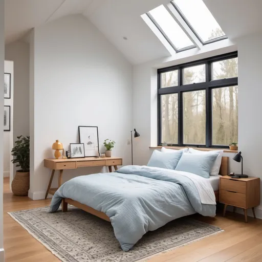 Prompt: Minimalist bedroom with pale blue bedding, honey oak hardwood floors, white walls, black and gold desk lamps, cozy cottage vibes, white shag carpet, tall thin window, professional, detailed, highres, cozy, cottage, minimalist, warm lighting