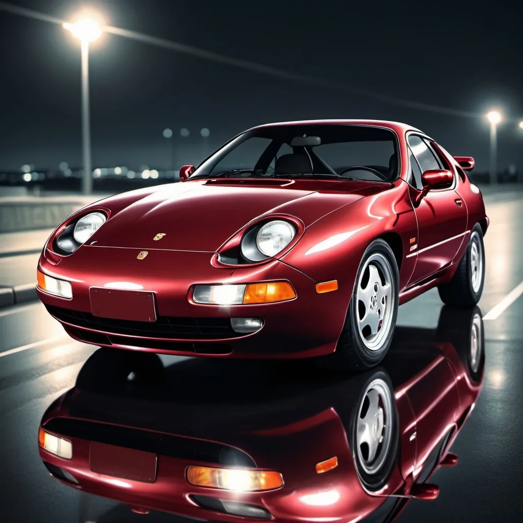 Prompt: Artistic rendition of a metallic wine red 1991 Porsche 928, detailed reflections, high quality, modern art style, cool tones, natural lighting, open road at night, shiny surface, nostalgic atmosphere