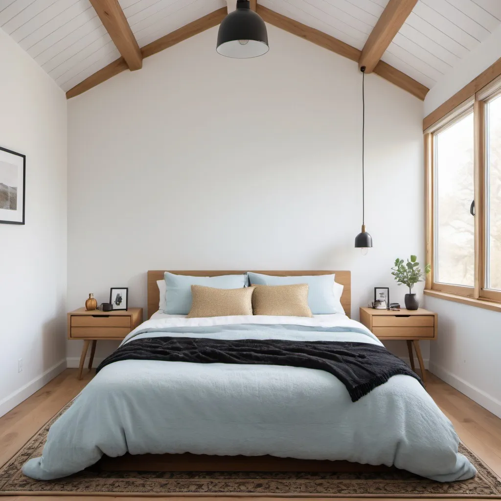 Prompt: Minimalist bedroom with pale blue bedding, honey oak hardwood floors, white walls, black and gold desk lamps, cozy cottage vibes, white shag carpet, tall thin window, professional, detailed, highres, cozy, cottage, minimalist, warm lighting