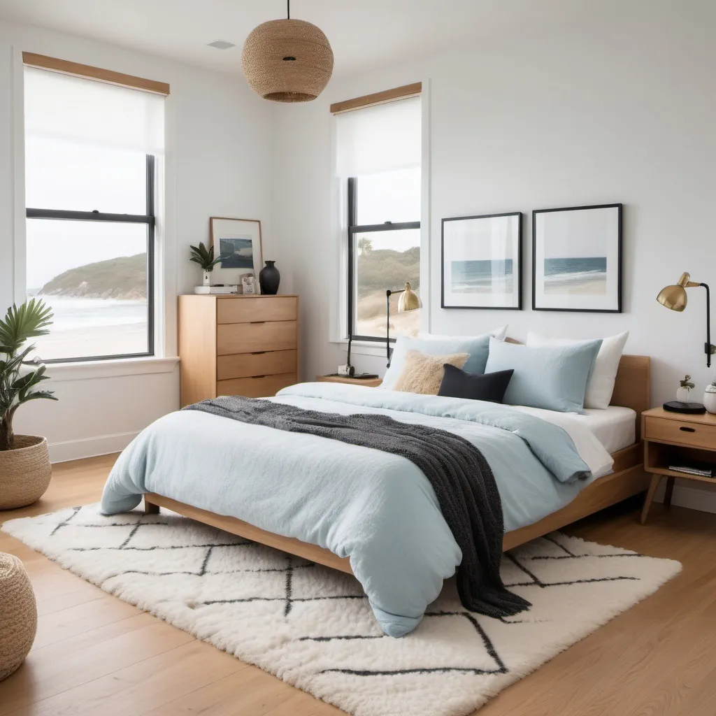 Prompt: Minimalist bedroom with pale blue bedding, honey oak hardwood floors, white walls, black and gold desk lamps, cozy beach house vibes, fluffy pure white shag carpet, large window, professional, detailed, highres, cozy, cottage, minimalist, warm lighting