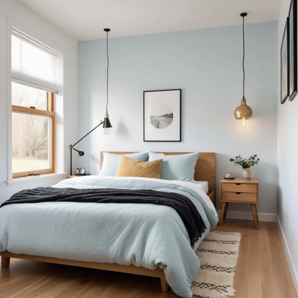 Prompt: Minimalist bedroom with pale blue bedding, honey oak hardwood floors, white walls, black and gold desk lamps, cozy cottage vibes, fluffy white shag carpet, tall thin window on right of bed, professional, detailed, highres, cozy, cottage, minimalist, warm lighting