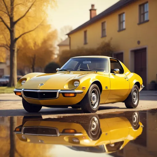 Prompt: Artistic rendition of a yellow 1970s Opel GT, vintage vibes, detailed reflections, high quality, 70s art style, warm tones, soft natural lighting, classic car, vibrant yellow, shiny surface, nostalgic atmosphere
