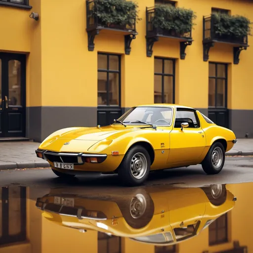 Prompt: Artistic rendition of a yellow 1970s Opel GT, vintage vibes, detailed reflections, high quality, 70s art style, warm tones, soft natural lighting, classic car, vibrant yellow, shiny surface, nostalgic atmosphere