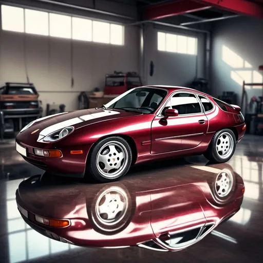 Prompt: Artistic rendition of a metallic wine red 1991 Porsche 928, detailed reflections, high quality, modern art style, cool tones, natural lighting, garage, shiny surface, nostalgic atmosphere