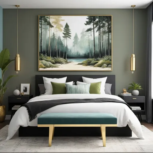 Prompt: Create an art piece for a bedroom that is modern, yet peaceful, with beachy and forest vibes, using colors that match well with black, gold, moss green, pale blue, earthy tones, 