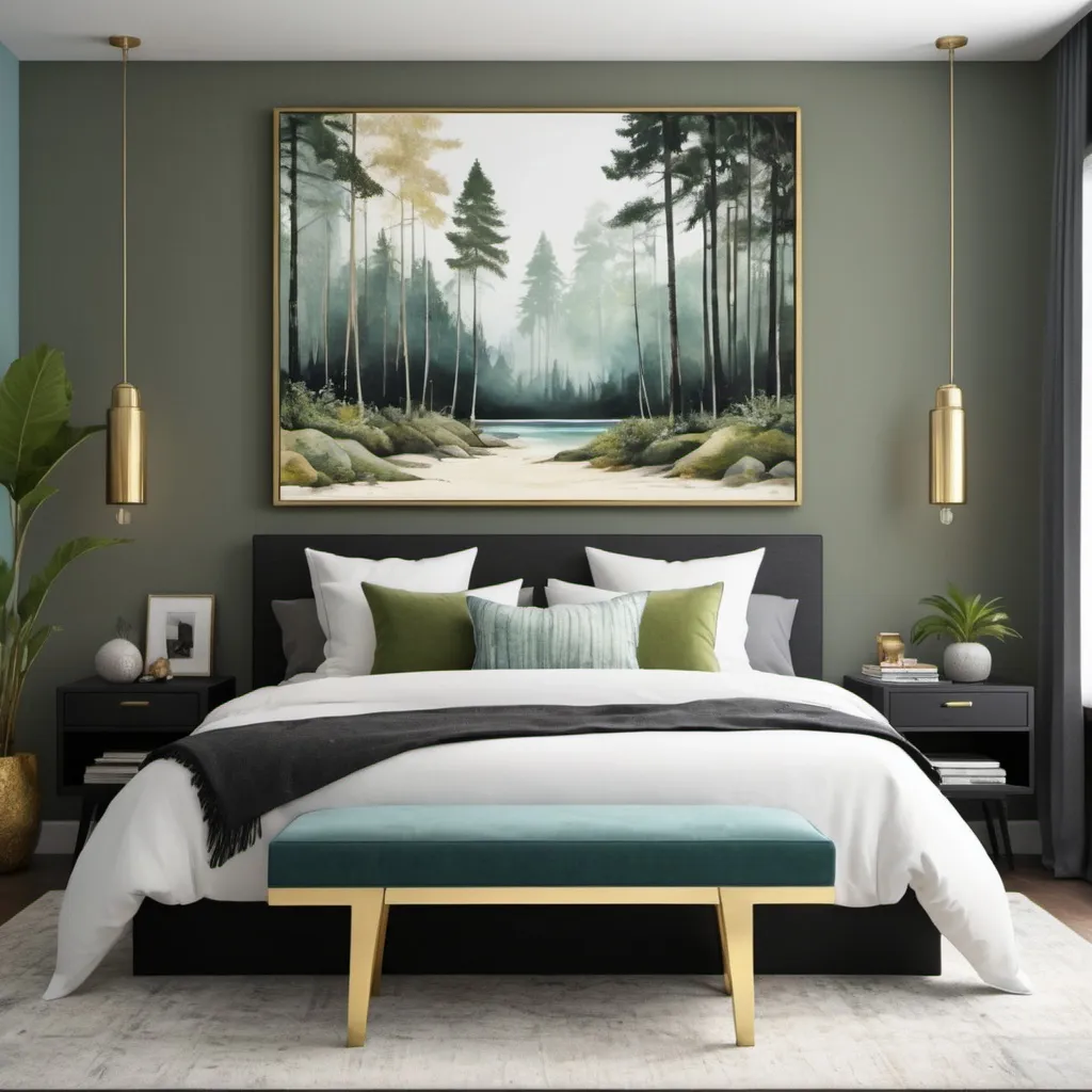 Prompt: Create an art piece for a bedroom that is modern, yet peaceful, with beachy and forest vibes, using colors that match well with black, gold, moss green, pale blue, earthy tones, 