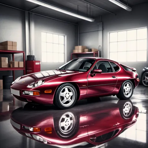 Prompt: Artistic rendition of a metallic wine red 1991 Porsche 928, detailed reflections, high quality, modern art style, cool tones, natural lighting, garage, shiny surface, nostalgic atmosphere