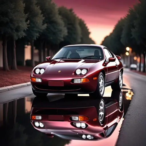 Prompt: Artistic rendition of a metallic wine red 1991 Porsche 928, detailed reflections, high quality, modern art style, cool tones, natural lighting, open road at night, shiny surface, nostalgic atmosphere
