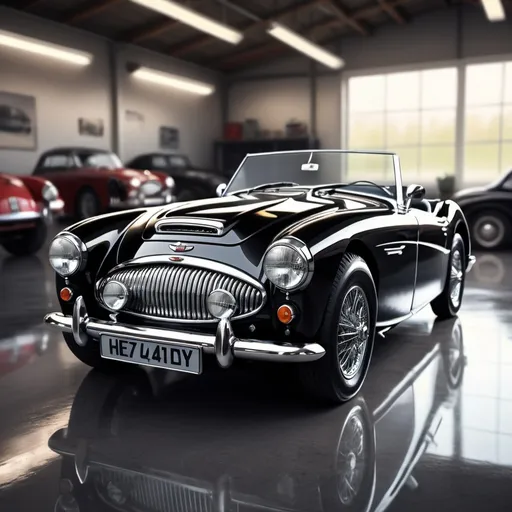 Prompt: Artistic rendition of a black austin healey, detailed reflections, high quality, modern art style, cool tones, natural lighting, garage, shiny surface, nostalgic atmosphere