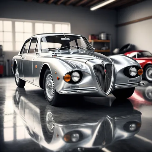 Prompt: Artistic rendition of a metallic silver lancia b20s, detailed reflections, high quality, modern art style, cool tones, natural lighting, garage, shiny surface, nostalgic atmosphere