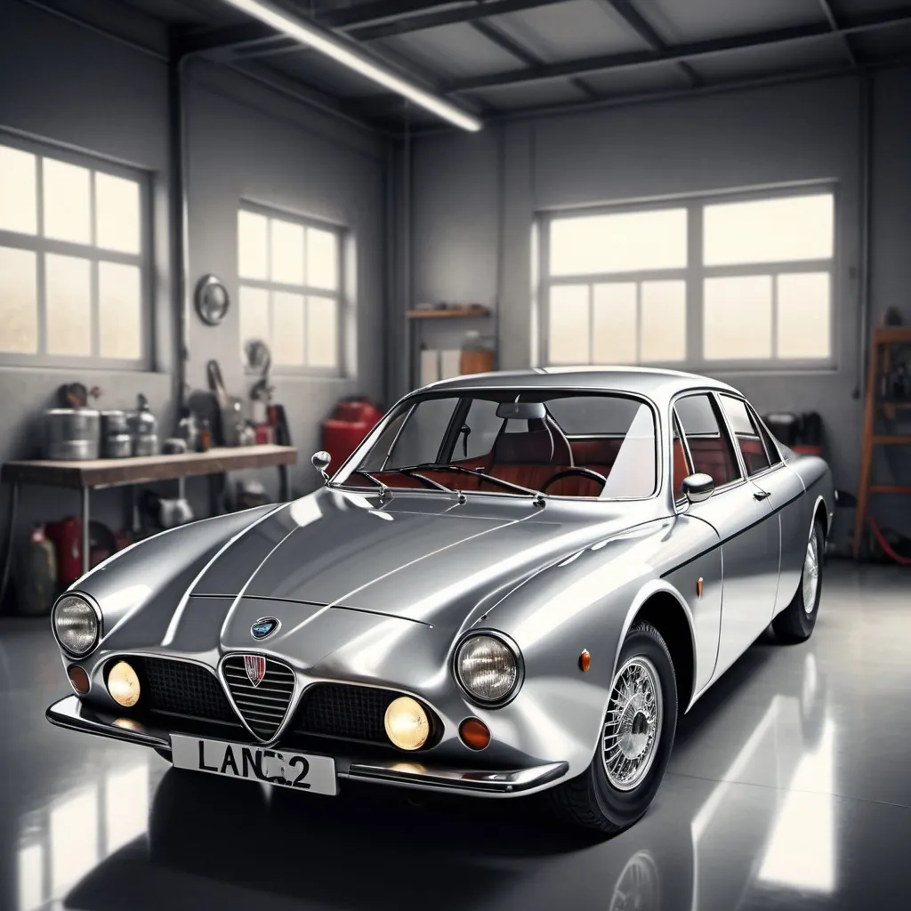 Prompt: Artistic rendition of a metallic silver lancia b20s, detailed reflections, high quality, modern art style, cool tones, natural lighting, garage, shiny surface, nostalgic atmosphere