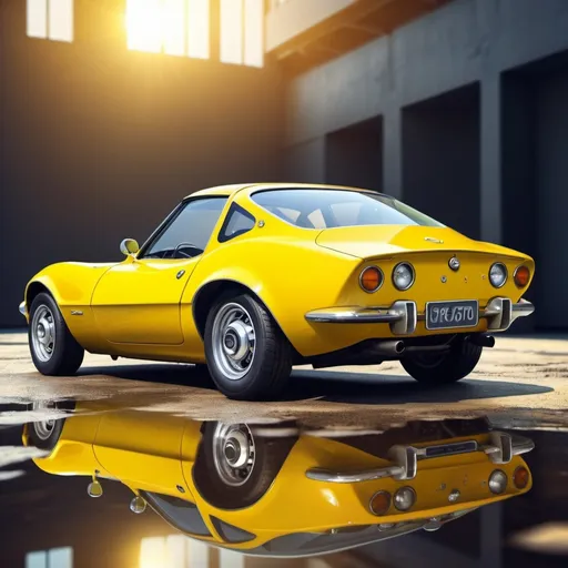 Prompt: Artistic rendition of a yellow 1970s Opel GT, detailed reflections, high quality, modern art style, cool tones, natural lighting, vibrant yellow, shiny surface, nostalgic atmosphere