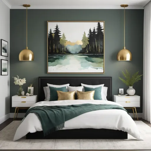 Prompt: Create an art piece for a bedroom that is modern, yet peaceful, with beachy and forest vibes, using colors that match well with black, gold, moss green, pale blue, earthy tones, 