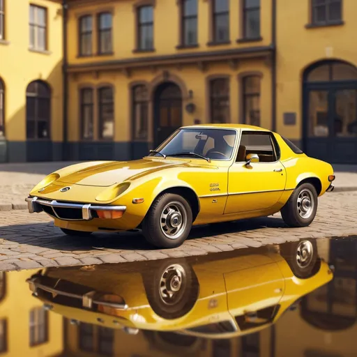 Prompt: Artistic rendition of a yellow 1970s Opel GT, vintage vibes, detailed reflections, high quality, 70s art style, warm tones, soft natural lighting, classic car, vibrant yellow, shiny surface, nostalgic atmosphere