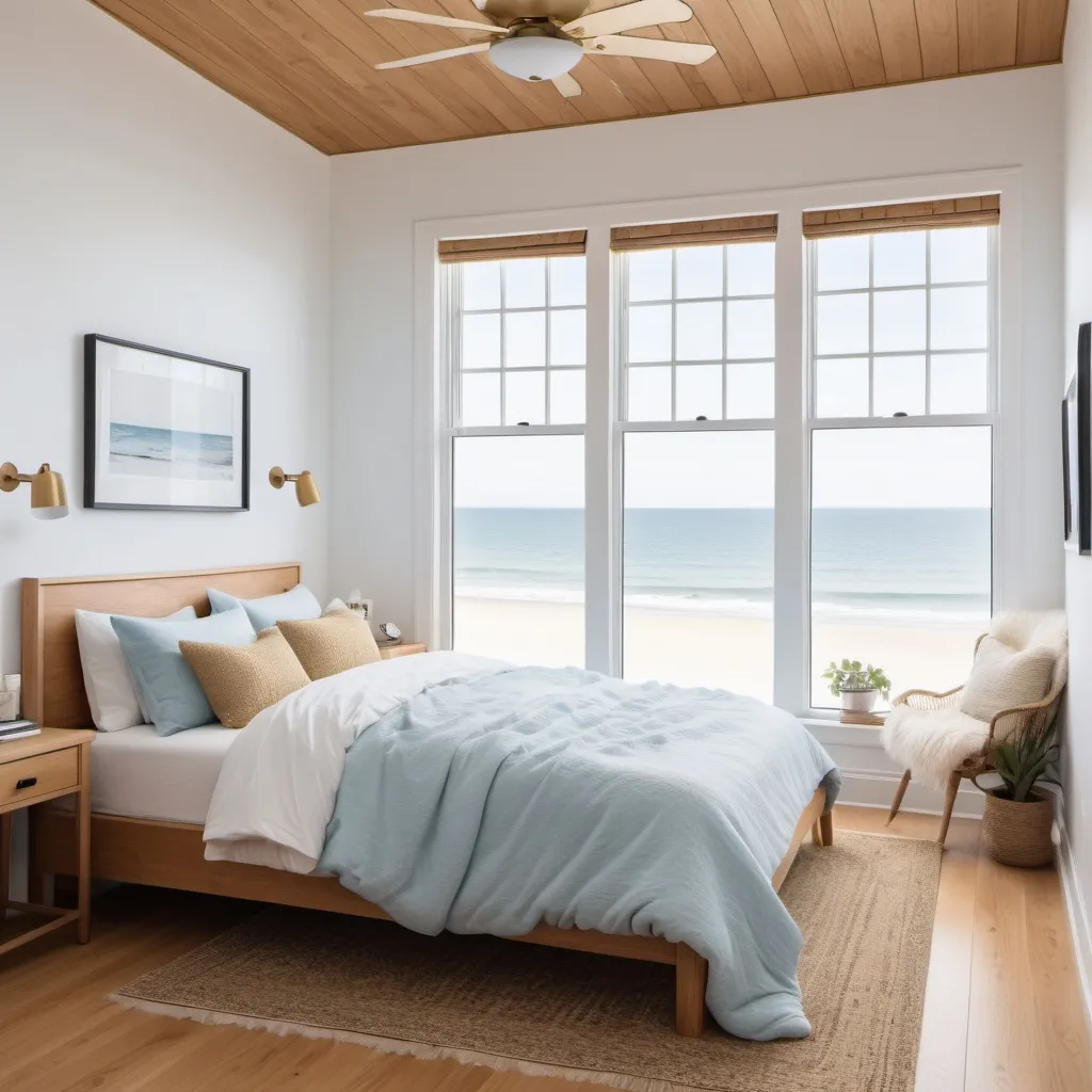 Prompt: Minimalist bedroom with pale blue bedding, honey oak hardwood floors, white walls, black and gold desk lamps, cozy beach house vibes, fluffy pure white shag carpet, large window, professional, detailed, highres, cozy, cottage, minimalist, warm lighting