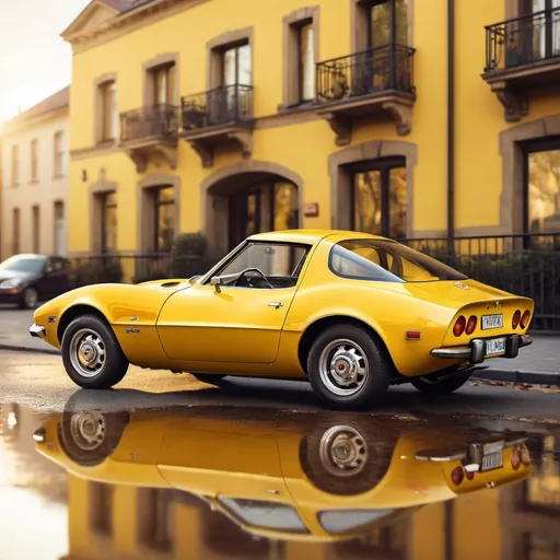 Prompt: Artistic rendition of a yellow 1970s Opel GT, vintage vibes, detailed reflections, high quality, modern art style, warm tones, natural lighting, classic car, vibrant yellow, shiny surface, nostalgic atmosphere