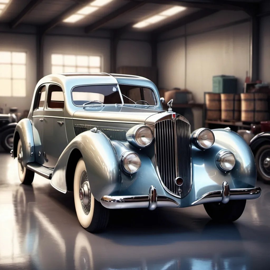 Prompt: Artistic rendition of a 1940s delage d8, detailed reflections, high quality, modern art style, cool tones, natural lighting, garage, shiny surface, nostalgic atmosphere