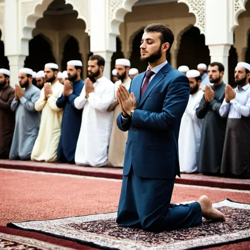 Prompt: A suited man saying prayer after namaz raising hand