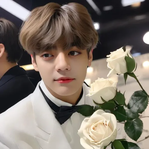 Prompt: Taehyung with a white rose