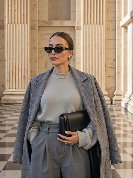 Prompt: @KJrXKxv4OqBkgAsGn0pe This photograph captures a stylish woman standing in an elegant, classical building with tall, fluted columns and a checkered marble floor. She has a dark brown complexion and her hair is neatly pulled back into a sleek bun. She wears large, black, cat-eye sunglasses that cover her eyes, adding a touch of mystery and sophistication. Her outfit consists of a light gray, rib-knit sweater, a gray overcoat with a slightly oversized fit, and high-waisted, wide-legged gray pants that are cinched at the waist with a slim black belt. She holds a small, black leather clutch in her right hand, which is positioned at her side. Her makeup is subtle, with a focus on a natural look. The background showcases the grandeur of the building with its tall columns and marble details, bathed in natural light that streams through large windows on the right. The overall style of the image is modern and chic, with a focus on timeless elegance and sophistication. The textures in the image include the soft knit of the sweater, the smooth leather of the clutch, and the structured fabric of the overcoat and pants.