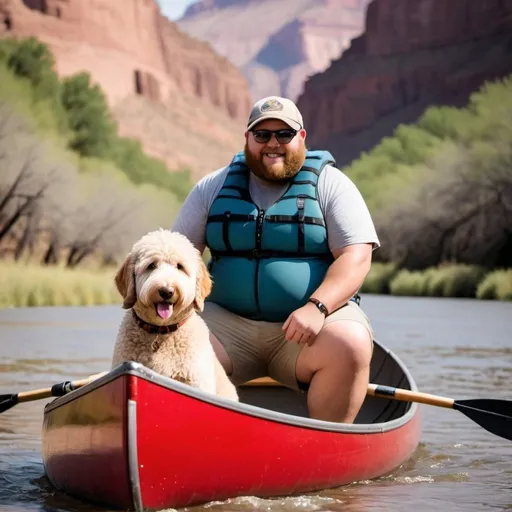 Prompt: a chubby guy with his golden doodle in a canoe on the Colorado River wearing shorts and a wife beater.