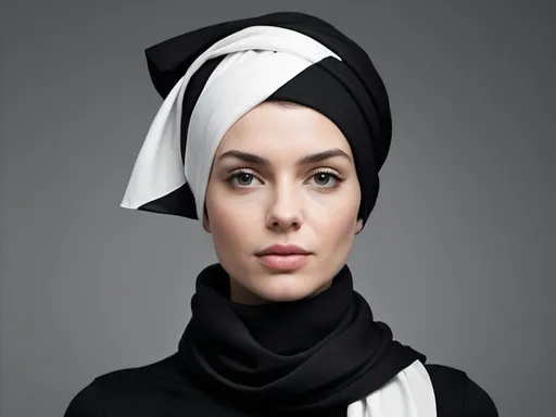 Prompt: a woman with a black top and a black scarf on her head and a black and white scarf on her head, Bouchta El Hayani, neoplasticism, head and shoulders portrait, a stock photo